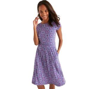 Boden Amelie Size 14R Jersey Dress Ruched Waist Sun Tile Medallion Purple Pink